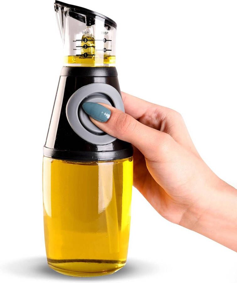 Yamoda Oliedispenser oliefles met doseringspomp en maatbeker BPA-vrij (glas 250 ml) azijn- oliefles met schenktuit keukengadgets