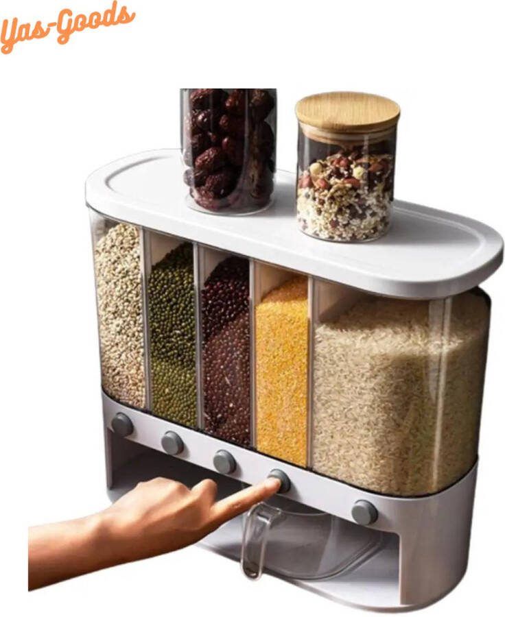 Yas-Goods Rijst Dispenser Food Dispenser Cornflakes Keuken Organiser 5 Containers Met Bakje
