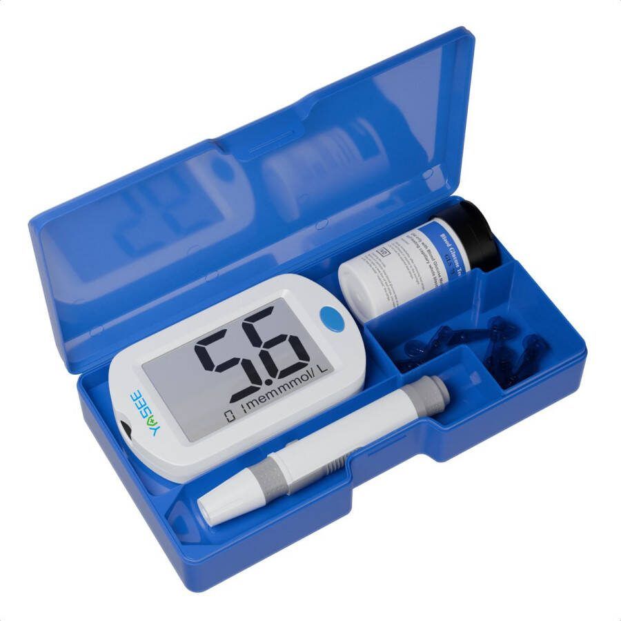 Yasee Glucosemeter Startpakket Incl 50 test strips en 50 lancetten Bloedsuikermeter Diabetes Meter Bloedglucosemeter Opbergtasje mmol l