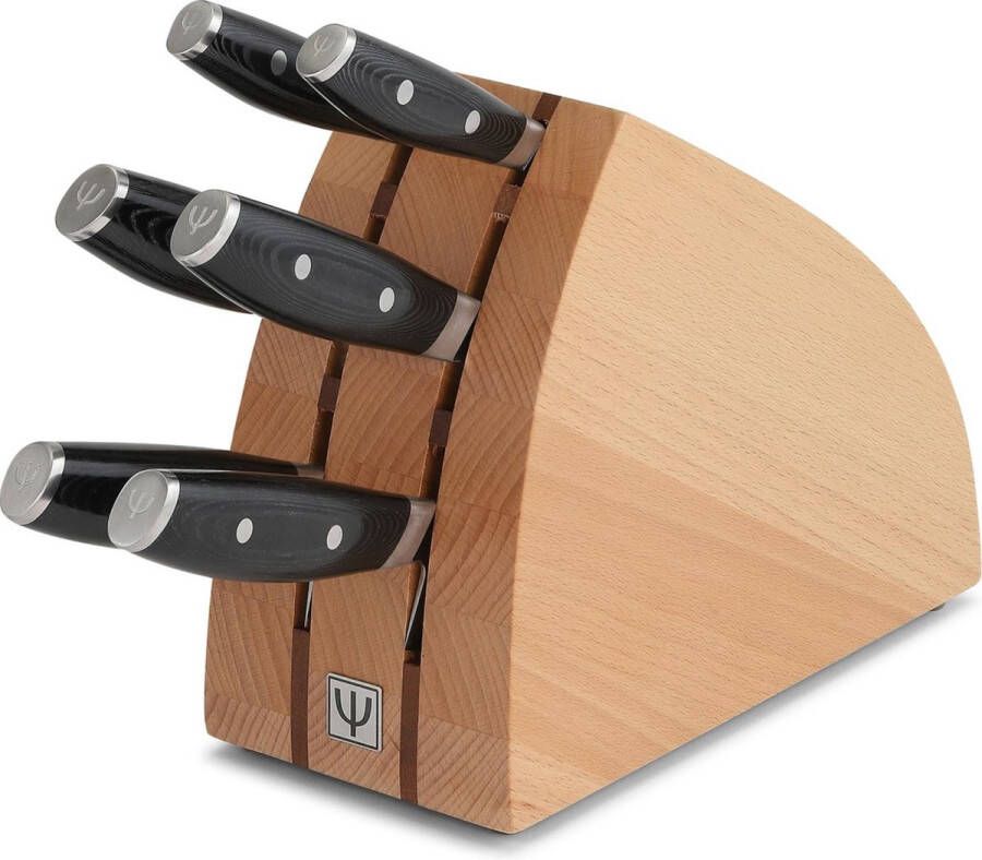 Yaxell Ran Messenset 7-delig Beukenhouten Messenblok met 6 Messen 69 Lagen Damaststaal VG10 Staal 61 HRC Canvas-Micarta Heft