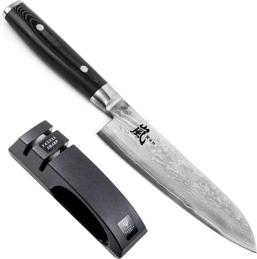 Yaxell Japans Serie Ran Messenset 2-Delig Messenslijper en Santoku VG10 Staal 61 HRC Lemmet 16.5 cm 69 Lagen Damaststaal Canvas-Micarta Heft