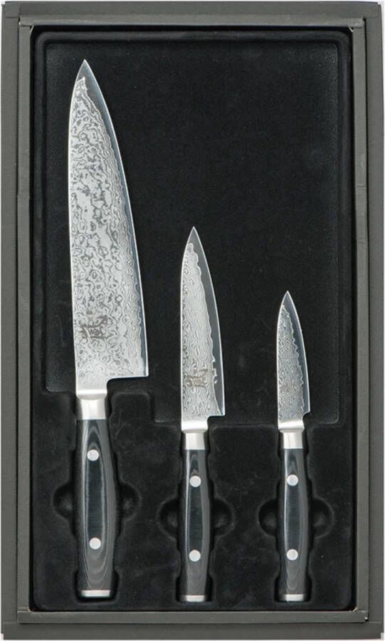 Yaxell Ran Messenset Giftset 3-delig Koksmes 20 cm Universeelmes 12 cm & Schilmes 8 cm 69 Lagen Damaststaal VG10 Staal 61 HRC Canvas-Micarta Heft