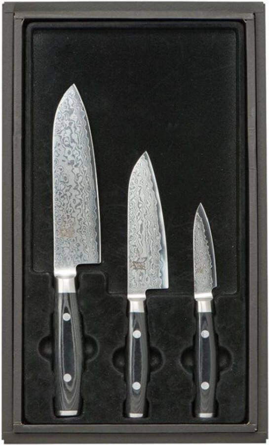 Yaxell Ran Messenset Giftset 3-delig Santoku Mes 16 5 cm Santoku Mes 12 5 cm en Schilmes 8 cm 69 Lagen Damaststaal VG10 Staal 61 HRC Canvas-Micarta Heft