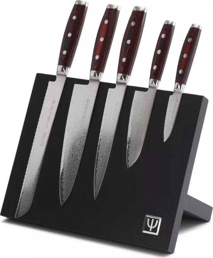 Yaxell Super Gou Messenset 6-delig Magnetisch Beukenhouten Messenblok met 5 Messen 161 Lagen Damaststaal SG2 Staal 63 HRC Canvas-Micarta Heft