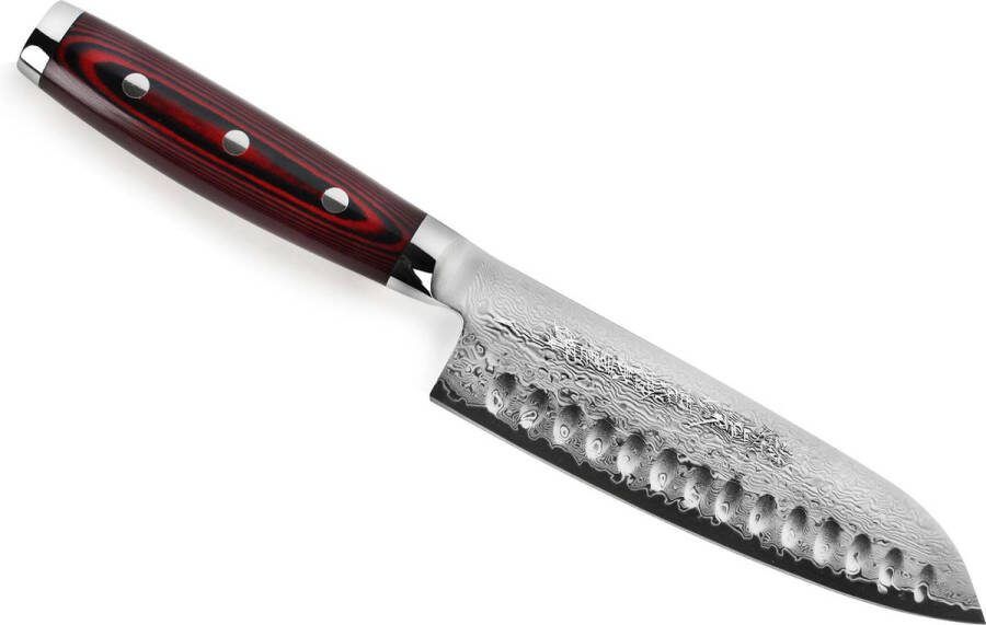 Yaxell Super Gou Santoku Mes met Kuiltjes 16 5 cm 161 Lagen Damaststaal SG2 Staal 63 HRC Canvas-Micarta Heft
