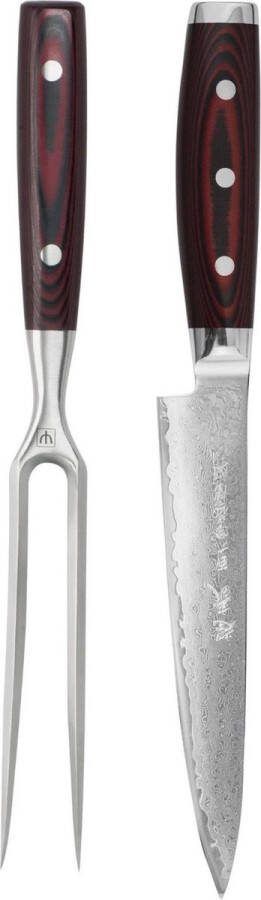 Yaxell Super Gou Trancheerset Giftset 2-delig Vleesvork 13 5 cm & Vleesmes 18 cm 161 Lagen Damaststaal SG2 Staal 63 HRC Canvas-Micarta Heft