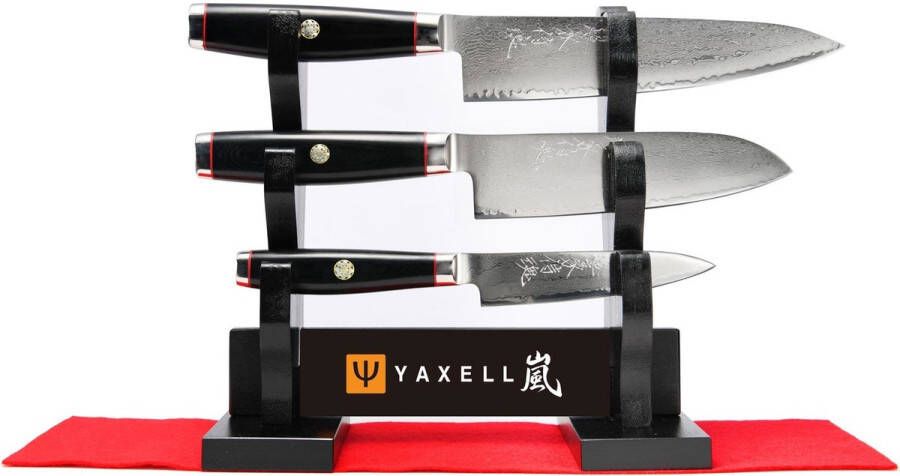 Yaxell Super Gou Ypsilon Messenset 4-delig Katana Display met 3 Messen 193 Lagen Damaststaal SG2 Staal 63 HRC Canvas-Micarta Heft Japan