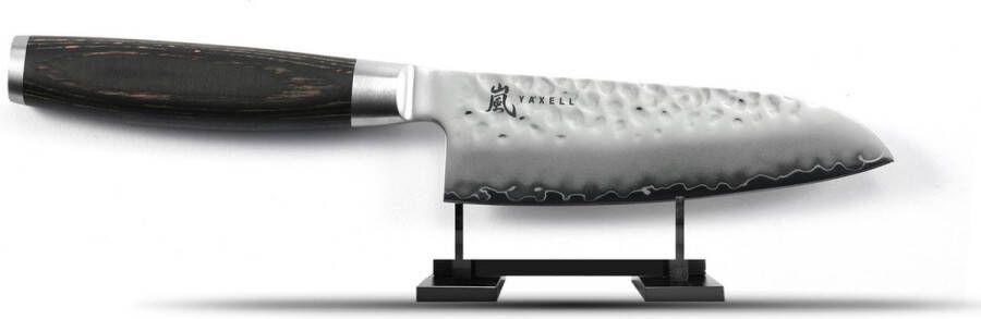 Yaxell Taishi Santoku Mes 12 5 cm VG-10 Staal Hardheid 61 HRC Tsuchime Afwerking Gehamerd Lemmet Zwart Pakka Beukenhout Handvat