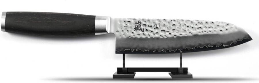 Yaxell Taishi Santoku Mes 16 5 cm VG-10 Staal Hardheid 61 HRC Tsuchime Afwerking Gehamerd Lemmet Zwart Pakka Beukenhout Handvat
