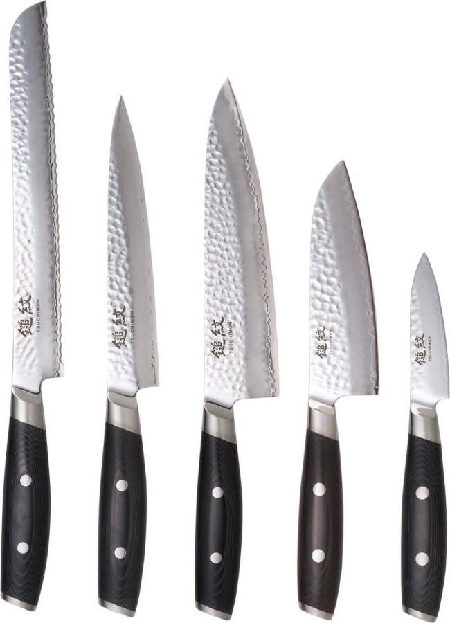 Yaxell Tsuchimon Messenset 5-delig 3 Lagen Damaststaal VG10 Staal Canvas-Micarta Heft
