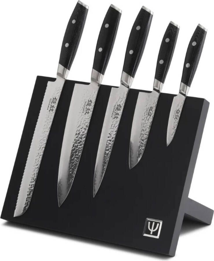 Yaxell Tsuchimon Messenset 6-delig Beukenhouten Magnetische Messenhouder met 5 Messen 3 Lagen Damaststaal VG10 Staal Canvas-Micarta Heft