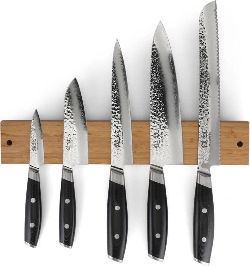 Yaxell Tsuchimon Messenset 6-delig Magnetische Messenstrip Bamboe met 5 Messen 3 Lagen Damaststaal VG-10 Staal Canvas-Micarta Heft