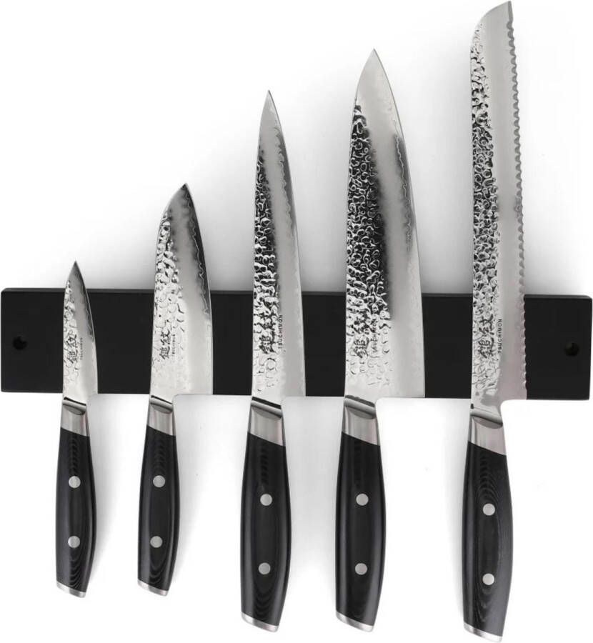Yaxell Tsuchimon Messenset 6-delig Magnetische Messenstrip Bamboe Zwart met 5 Messen 3 Lagen Damaststaal VG-10 Staal Canvas-Micarta Heft