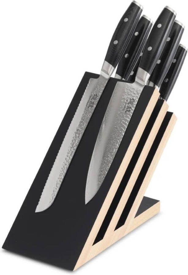 Yaxell Tsuchimon Messenset 7-delig Beukenhouten Magnetische Messenhouder met 6 Messen 3 Lagen Damaststaal VG10 Staal Canvas-Micarta Heft