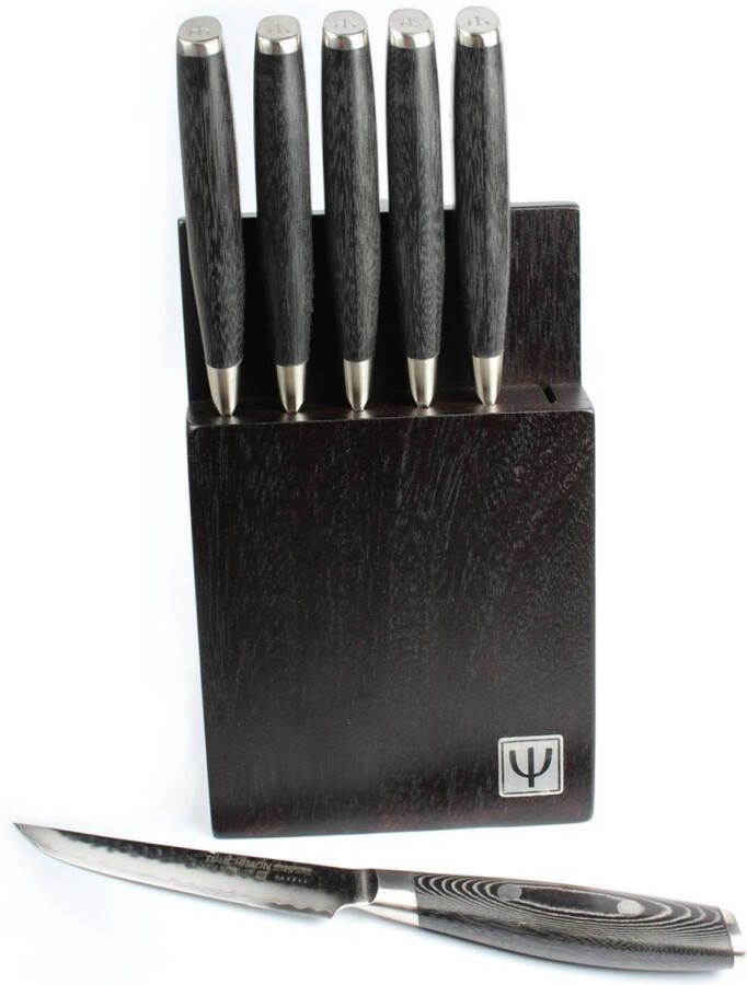 Yaxell Japans Serie Tsuchimon Steakmessen Set 6-Delig in Zwart Messenblok VG10 Staal 61 HRC 3 Lagen Damaststaal Canvas-Micarta Heft