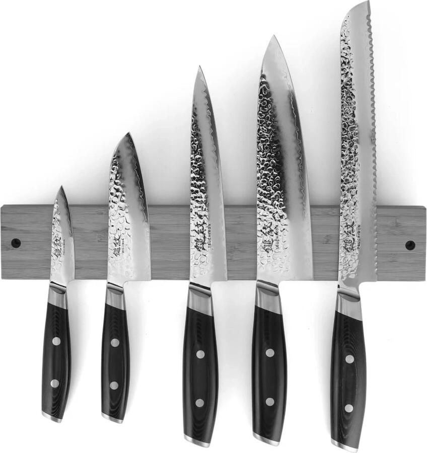 Yaxell Tsuchimon Messenset 6-delig Magnetische Walnoothouten Messenstrip met 5 Messen 3 Lagen Damaststaal VG-10 Staal Canvas-Micarta Heft