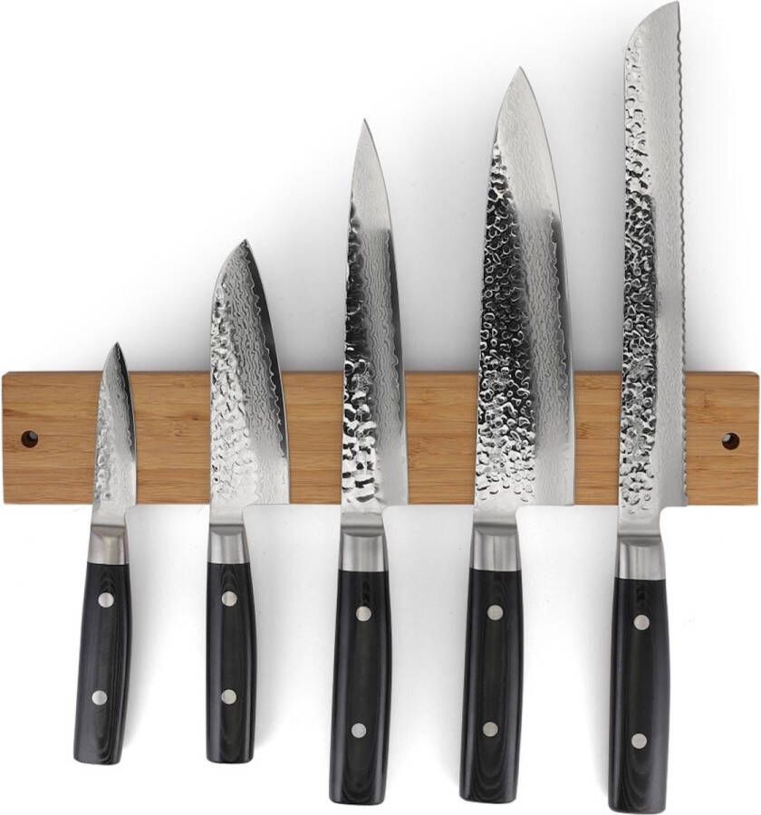 Yaxell Zen Messenset 6-delig Magnetische Messenstrip van Bamboe met 5 Messen 37 Lagen Damaststaal Canvas-Micarta Heft