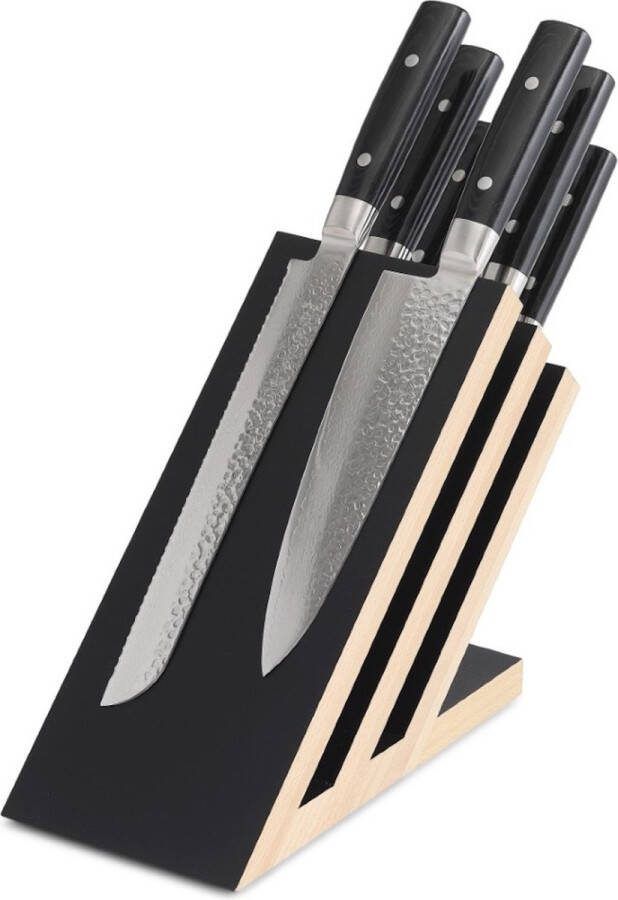 Yaxell Zen Messenset 7-delig Magnetisch Beukenhouten Messenblok met 6 Messen 37 Lagen Damaststaal Canvas-Micarta Heft