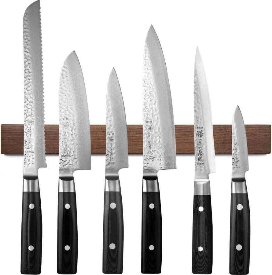Yaxell Zen Messenset 7-delig Magnetische Messenstrip van Walnotenhout met 6 Messen 37 Lagen Damaststaal Canvas-Micarta Heft