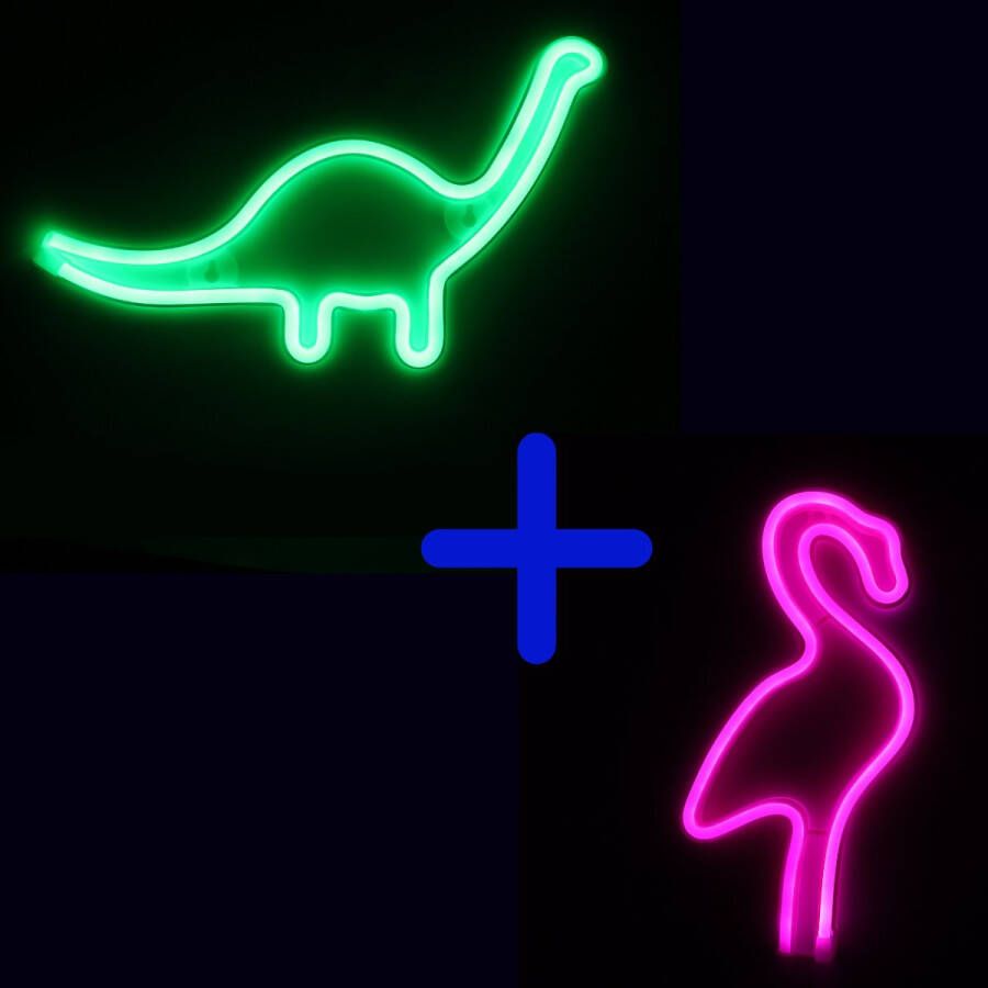 Ydemanne Neon Lamp Dino + Flamingo Incl. 6 Batterijen Neon Verlichting Neon Led Lamp Neon Wandlamp