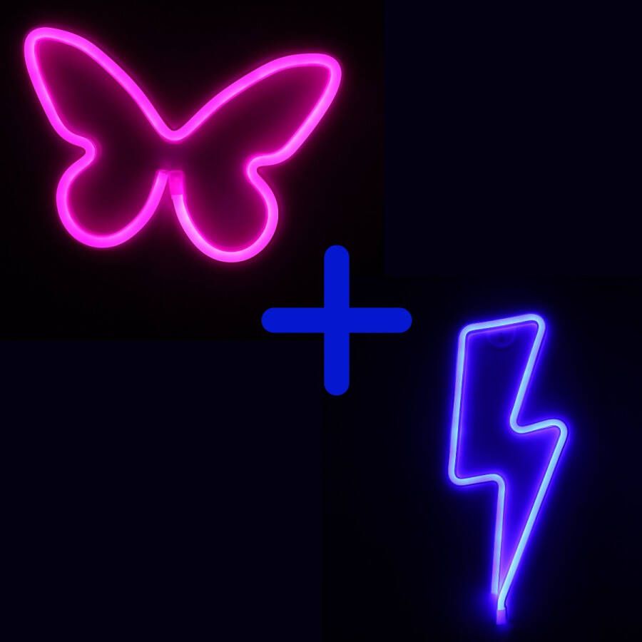 Ydemanne Neon Lamp Vlinder Roze + Bliksem Blauw Incl. 6 Batterijen Neon Verlichting Neon Led Lamp Neon Wandlamp