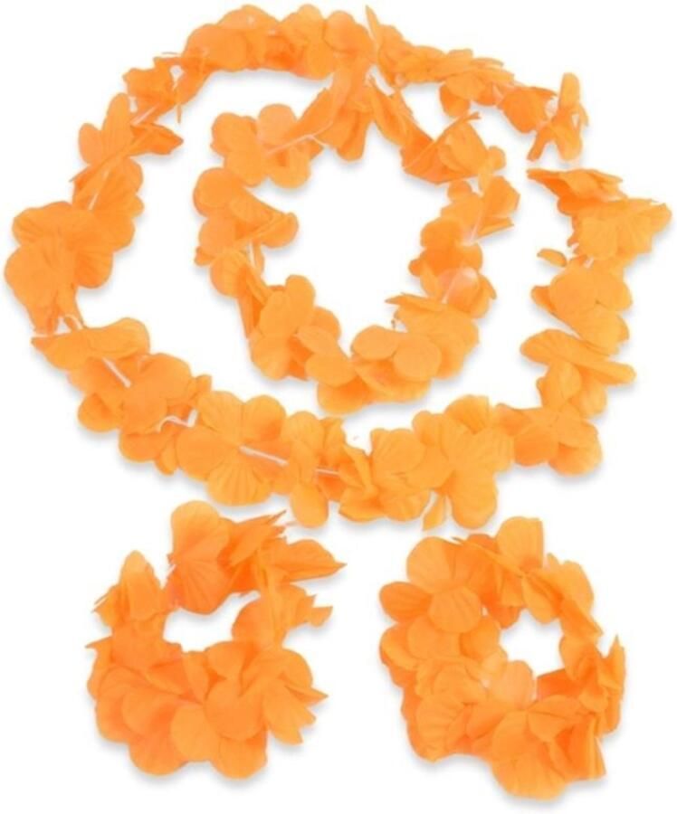 Ydemanne 4-Delig Oranje Hawaii Kransen Set Koningsdag EK 2024 Ketting Hoofdkrans 2x Polskrans Bloemen Slingers Oranje Accessoires