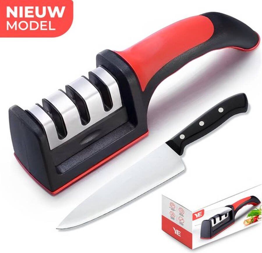 Ye Hoogwaardige Messenslijper 3 Standen Antislip Scharenslijper Doortrekslijper Rood