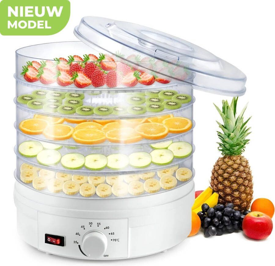 Ye Voedseldroger Elektrisch 500W 5 Laags 8 Hitte-niveaus 35°C tot 75°C LCD Display Timer RVS Wit