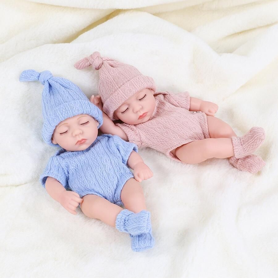 Yeezwood Set van 2 mini reborn babypoppen Tweeling 20 centimeter Full body vinyl Blauw & Roze In geschenkdoos