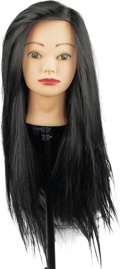 Yellowxl Kaphoofd Britney 80% ECHT HAAR Oefenhoofd ZWART HAAR met haarlengte 60-70 cm Kappershoofd met tafelklem Ideale cadeau voor uw dochter of kleindochter