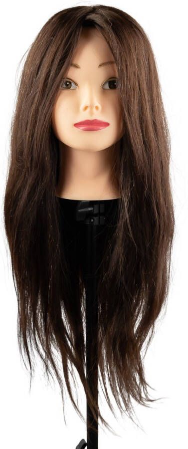 Yellowxl Oefenhoofd Kapper Oefenhoofd Bella 100 % natuurlijk haar 60 cm haarlengte kappershoofd met tafelklem donkerbruin kaphoofd Kappersopleiding