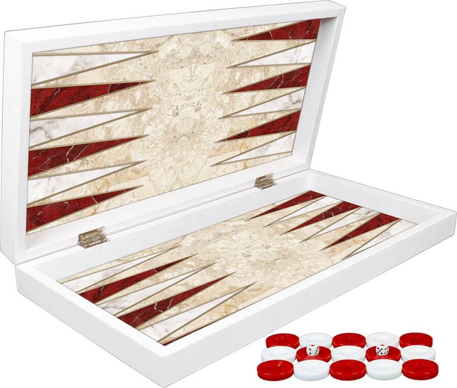 Yenigün tavla Klassiek Backgammon Rood en wit marmer bordspel Met schaakbord Turks Tavla Maat L 38cm