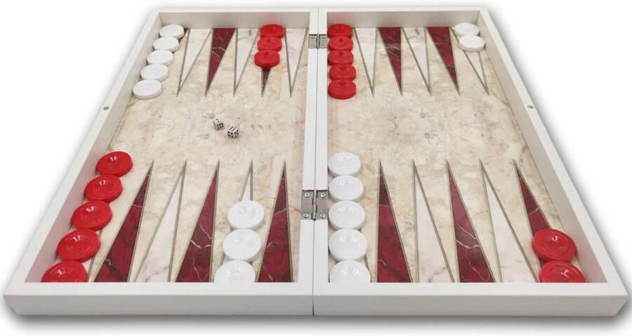 Yenigün tavla 3 in 1 Schaakset Backgammon Chess Checkers kleur rood wit maat L 38cm met houten schaakstukken