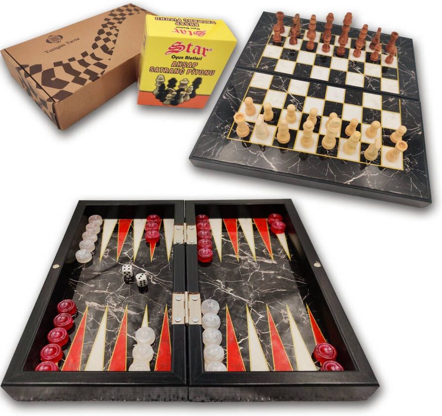 Yenigün tavla Backgammon + Schaken Kleine versie 25cm- Reiseditie Classic Black Marble Backgammon met houten schaakstukken