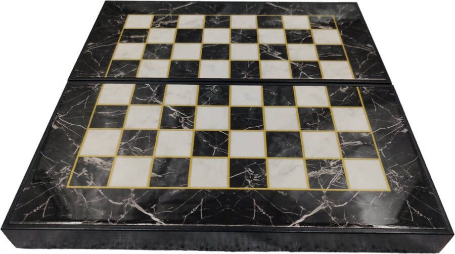 Yenigün tavla Backgammon Tavla kleur zwart maat L luxe uitvoering met zwarte marmerprint inclusief schaakstukken