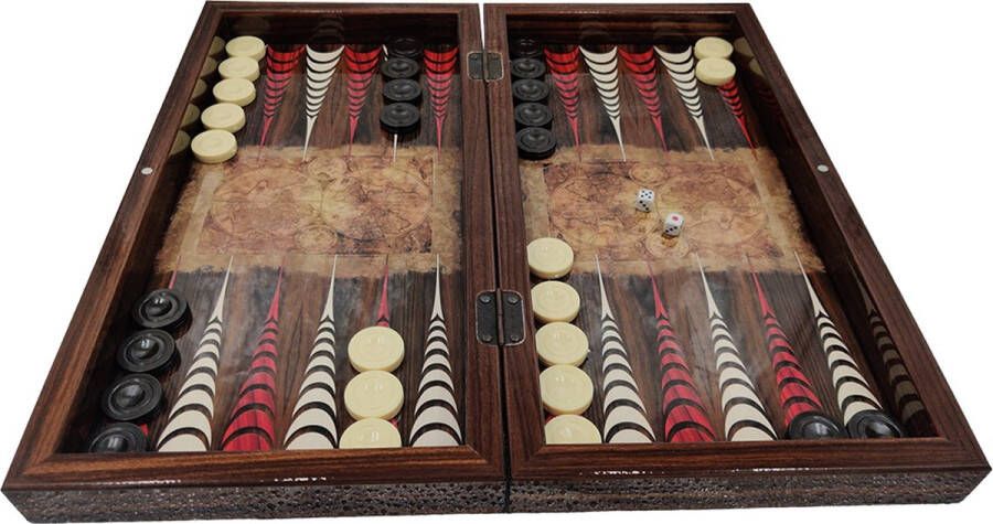 Yenigün tavla Backgammon Tavla Met oude Map van de Wereld Artwork design Maat L 42cm Deluxe versie