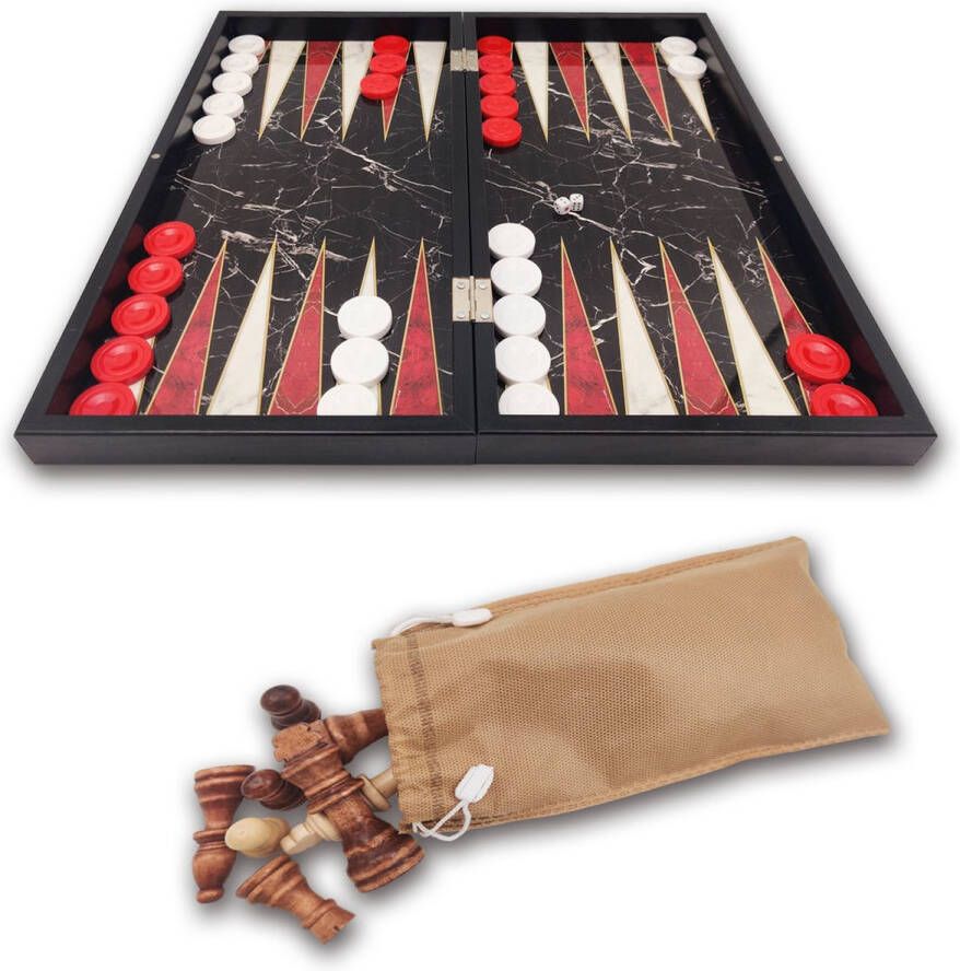 Yenigün tavla Grote backgammon koffer kleur zwart maat XXL luxe uitvoering met marmerprint inclusief schaakstukken