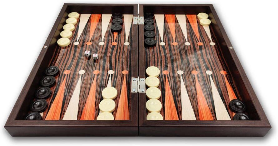 Yenigün tavla Klassiek Ebbenhouten backgammon bordspel Groot formaat XXL 48cm Koffer met magnetische sluiting Schaakbord op buitenkant