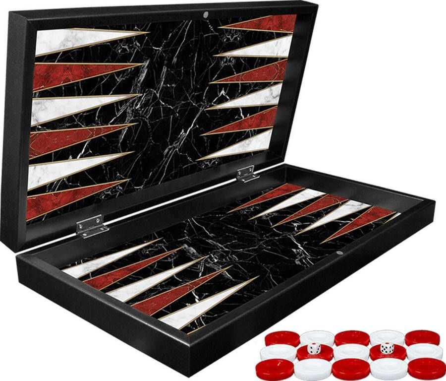 Yenigün tavla Backgammon houten koffer met magnetische sluiting zwart met marmer print Maat L 38cm