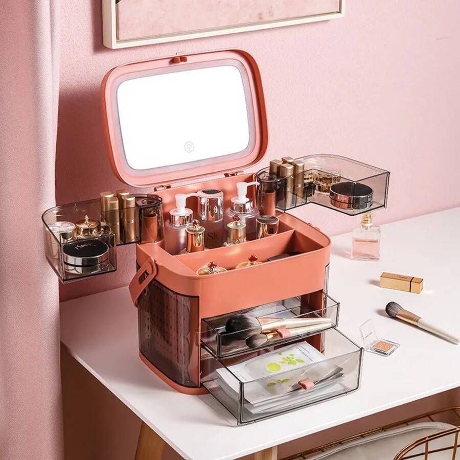 Yerminbeauty make-up organizer met led lamp ladekastje organizer met sieradenhouder sieraden organizer oud roze