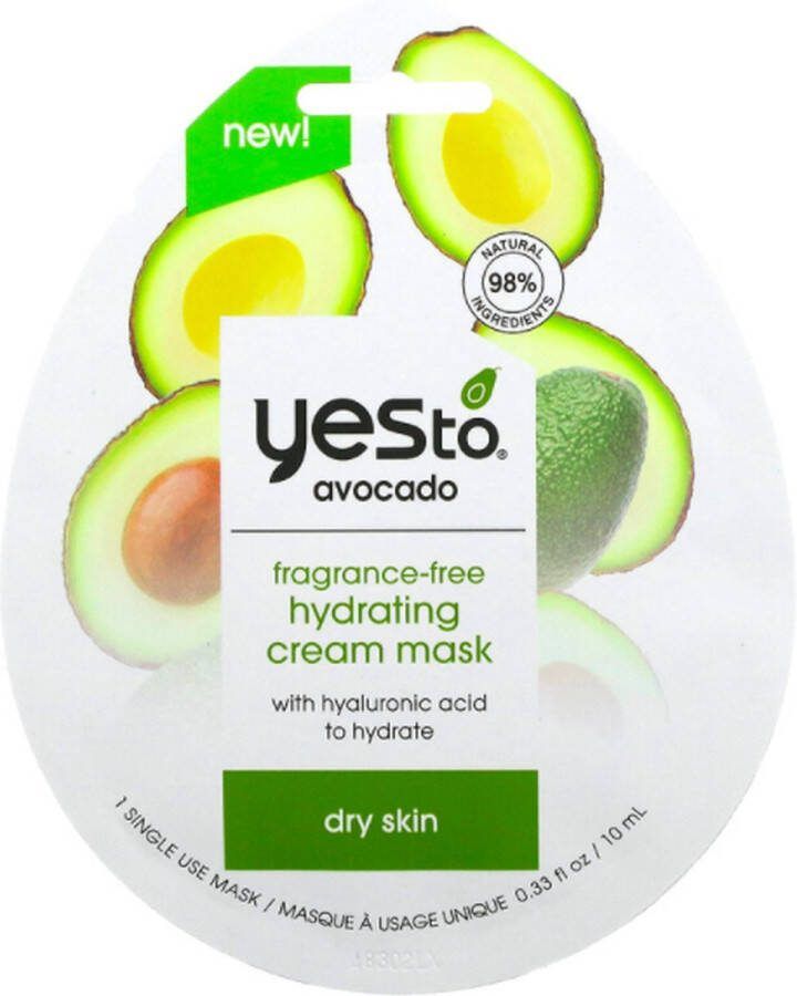 Yes To Avocado Fragrance-Free Hydrating Cream Mask VEGAN Droge huid Gezichtsverzorging Crèmemasker Gezichtsmasker 1 Single Use Face Mask 10 ml