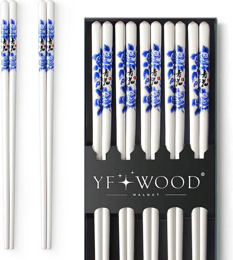 YF Wood Eetstokjes 5 paar Luxe eetstokjes Luxe giftset Chopsticks set Sushi stokjes Wit met blauw Keramiek