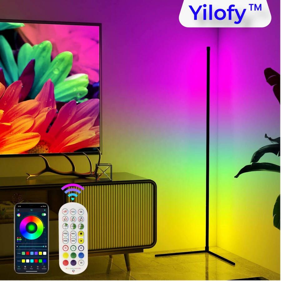YILOFY 1.60 CM Moderne LED Hoeklamp Bluetooth XL Variant Vloerlamp Afstandbediening bestuurbaar- RGB Dimbaar Nieuw 2023 Grote Variant Paascadeau Paasdecoratie