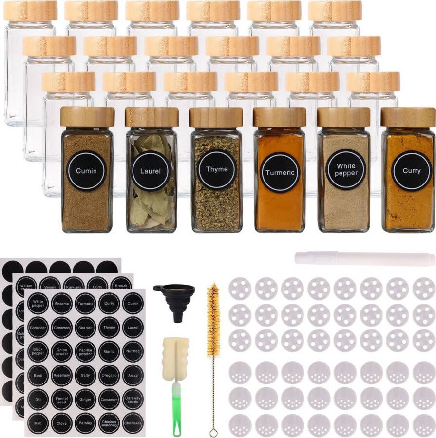 Yiru 24 Glazen Kruidenpotjes Vierkant met Bamboe Deksel Kruidenstrooier 2 Soorten Strooideksels Spice Jars Complete Set incl Bedrukte Kruiden Stickers (90) Stift & Accessoires