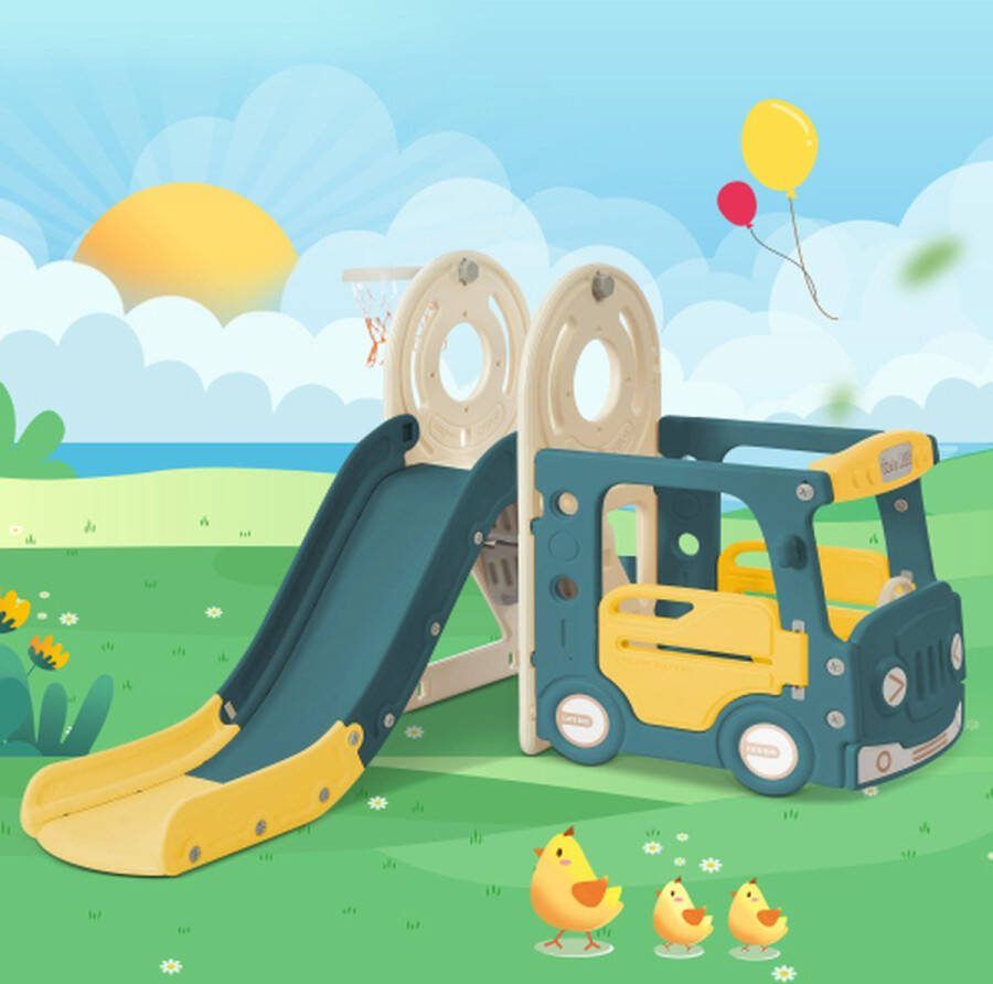 YJZQ 4-in-1 glijbaanset voor kinderen met bus glijbaan activiteitsladder basketbalring en basketbal Veilige HDPE-kunststof glijbaan voor kinderen vanaf 3 jaar green