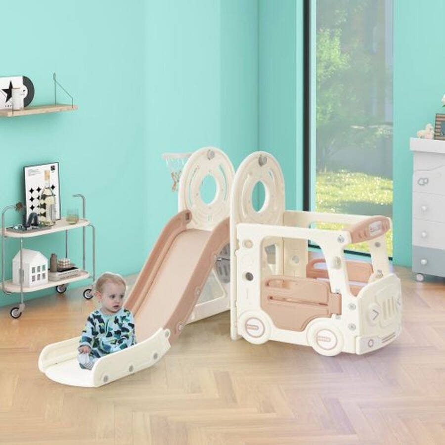 YJZQ 4-in-1 glijbaanset voor kinderen met bus glijbaan activiteitsladder basketbalring en basketbal Veilige HDPE-kunststof glijbaan voor kinderen vanaf 3 jaar pink