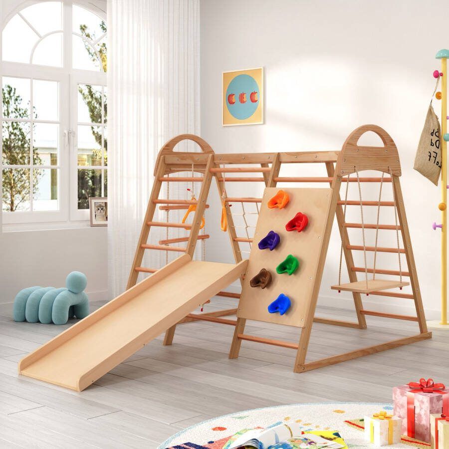 YJZQ Binnenspeeltuin voor peuters Jungle Gym Set Houten 7-in-1 multifunctionele klimrekken Schommel klimladder klimplaatglijbaan net voor klimmen kunststof klimsteen ringen-rotsklimtenthuis voor kinderen