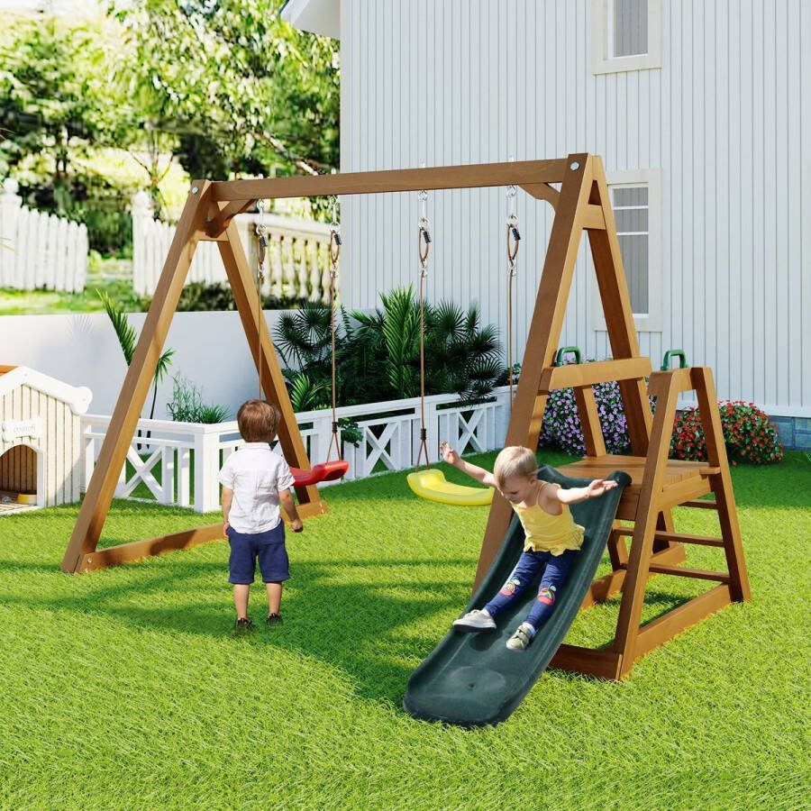 YJZQ Dubbele schommel voor kinderen- Stevige kinderschommel met glijbaan en klimladder-outdoor schommel frame massief hout-schommel frame-238.5x240x168.9cm