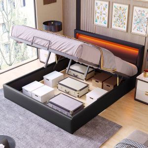 YJZQ Gestoffeerd kingsize opklapbed met opbergruimte tweepersoonsbed 140x200cm met LED-licht Houten lattenbodem met verlicht hoofdeinde in verschillende kleuren zwart kunstleer en houtmateriaal