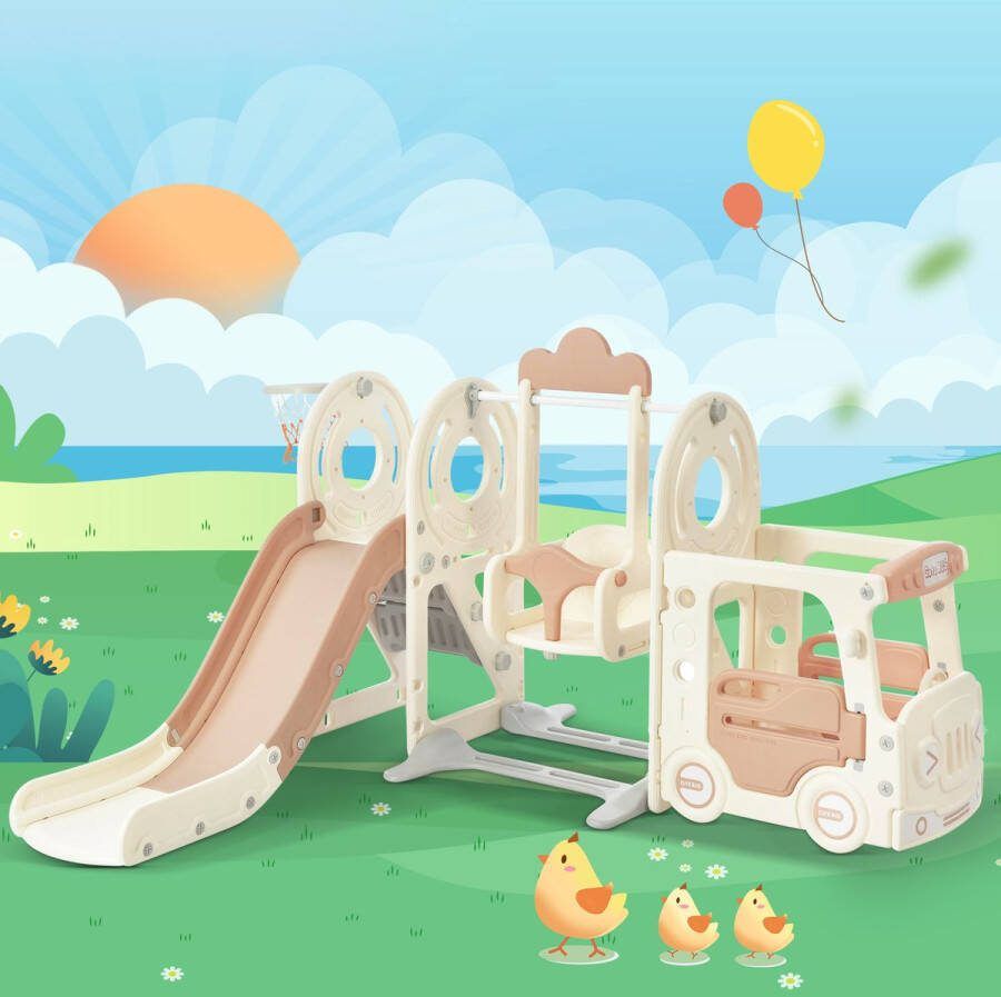 YJZQ Glijbaan voor kinderen 5-in-1 kinderglijbaancombinatie met bus schommel glijbaan trapje basketbalring en bijpassende basketbal-Gemaakt van HDPE-roze en wit
